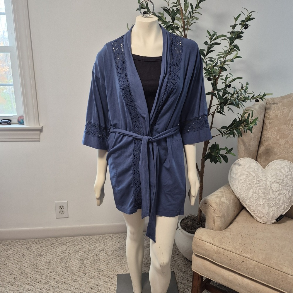 Charter Club Blue Lace Trim Robe XS Cotton Blend Tie Belt Pocket Kimono